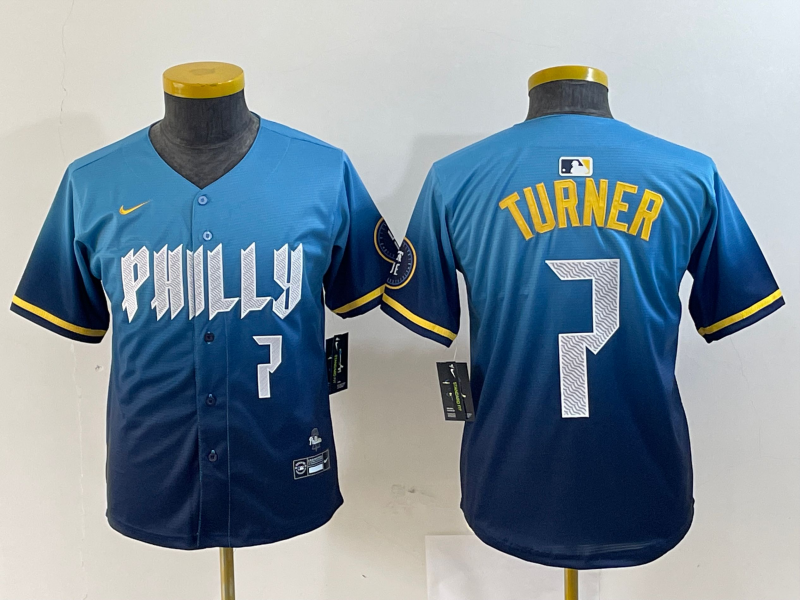 YOUTH Trea Turner Philadelphia Phillies  Blue 2024 City Connect Player Jersey