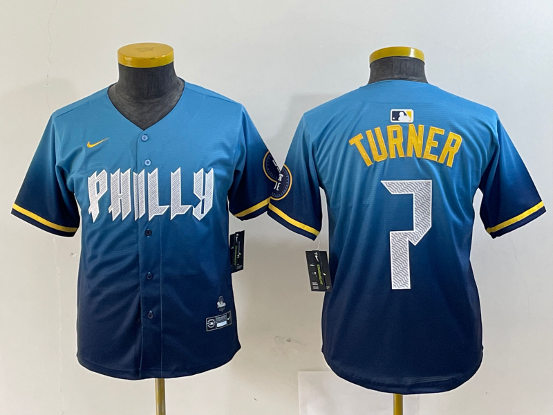 YOUTH Trea Turner Philadelphia Phillies  Blue 2024 City Connect Player Jersey